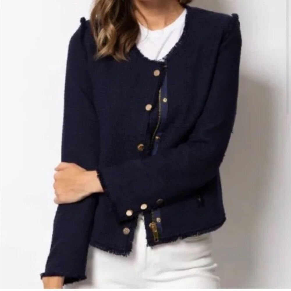 One/Third Tweed Fringed Trim Gold‎ Zip Military Blazer Navy Dressy Size Small